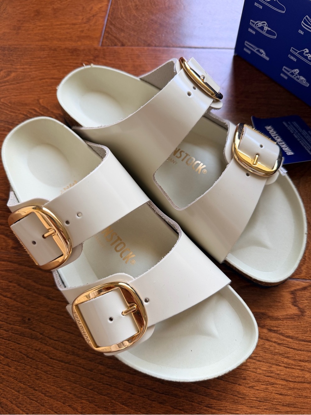 Birkenstock Arizona Big Buckle High-Shine Ecru Sandals with Gold Buckles
